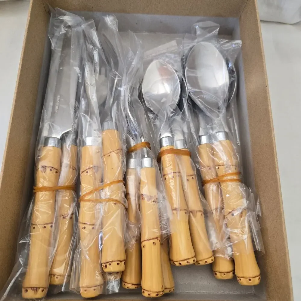 New Faux Bamboo Flatware Set of 20 Stainless Steel